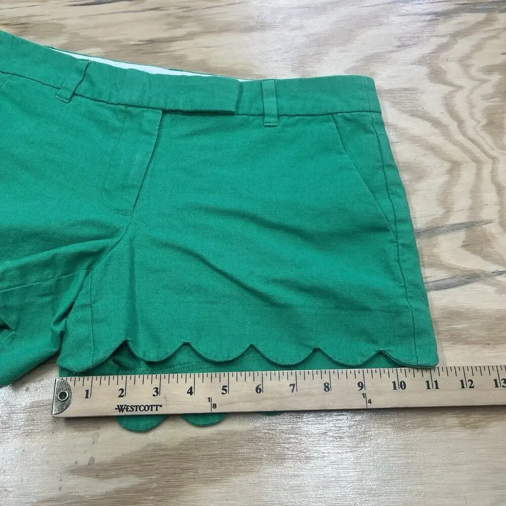 J.Crew Linen Blend Scalloped Edge Shorts Womens Size 4 Kelly Green Beachy Preppy